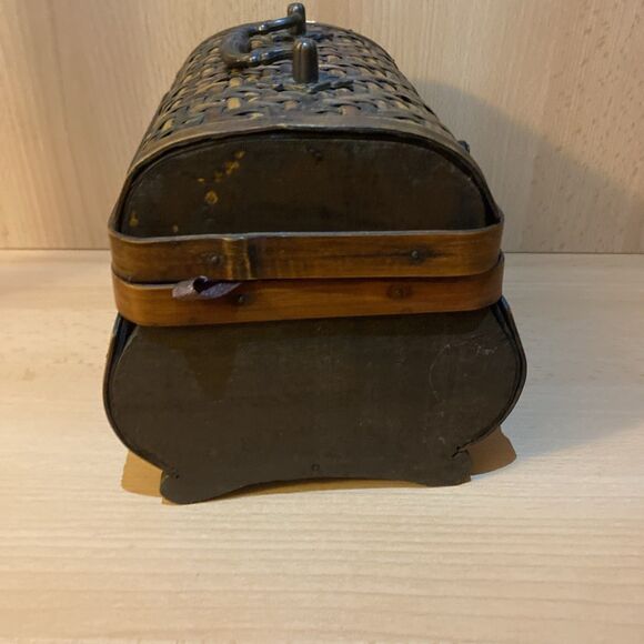 Wooden Woven Bamboo Hinged Lock Jewelry Keepsake Box Home Decor - Picture 8 of 10